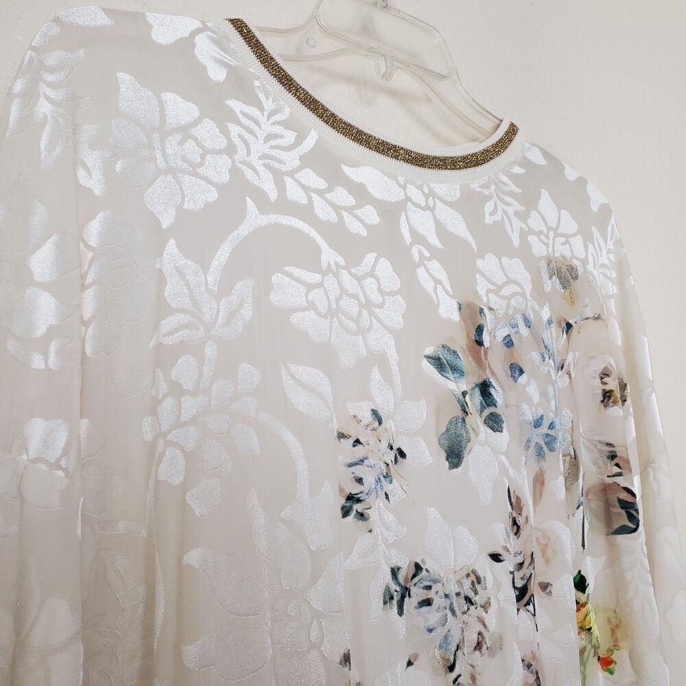 Desigual Women's XL Off-White Burnout Velvet Floral Sheer Top Gold Trim Pullover - Picture 14 of 15